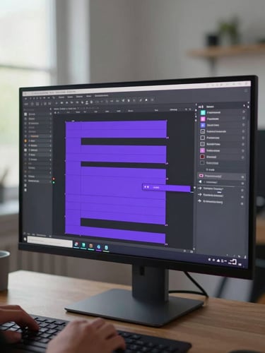 Close-up overhead of a large monitor displaying a dense Figma canvas, purple auto-layout component frames visible, developer annotations in sidebar, hands on keyboard at bottom edge, studio daylight from left window