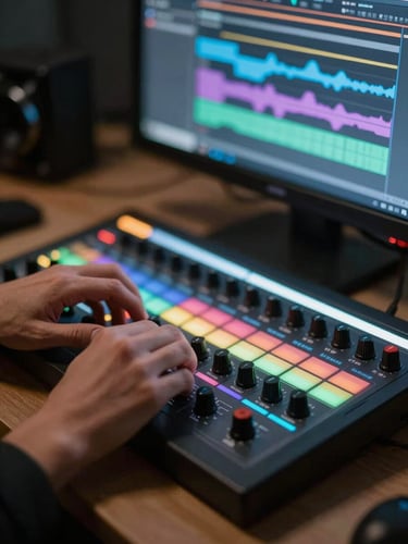 Close-up of hands operating a color grading panel in a dim editing bay, monitor glow reflecting on the desk surface, timeline waveforms visible on screen, no faces