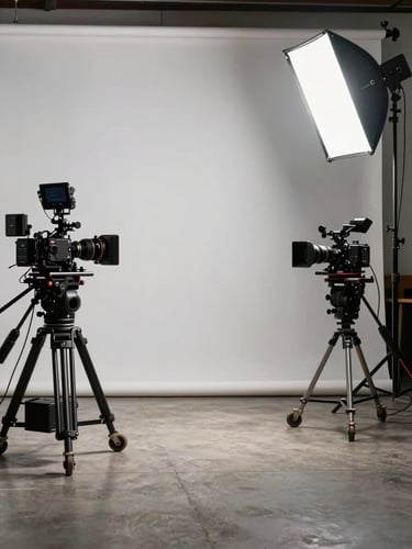 Wide production floor viewed from the left side, a camera rig and lighting stands filling the right third, matte black equipment under tungsten set lighting, concrete floor visible in the foreground, no people