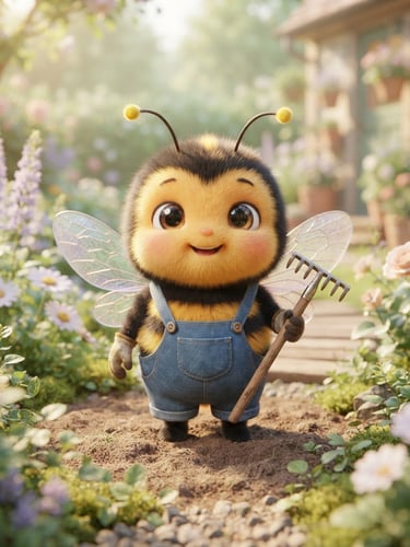 A cute, big-eyed anime-style bumblebee mascot holding a tiny wooden rake, soft pastel green background, cheerful character design, 3D render style, bright warm lighting