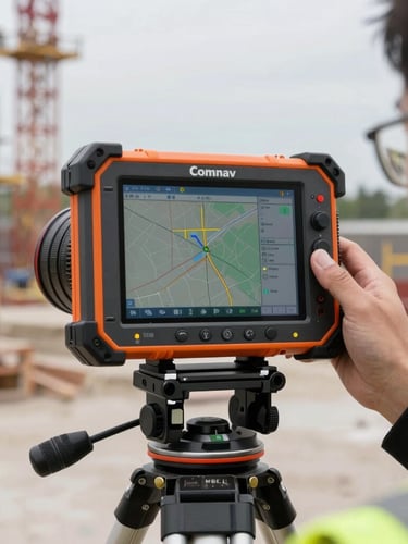 Technician calibrating a ComNav GNSS receiver on a tripod in a construction site, showing a close-up of the ruggedized field controller screen displaying mapping software, bright overcast sky, high-contrast technical details, 50mm lens.