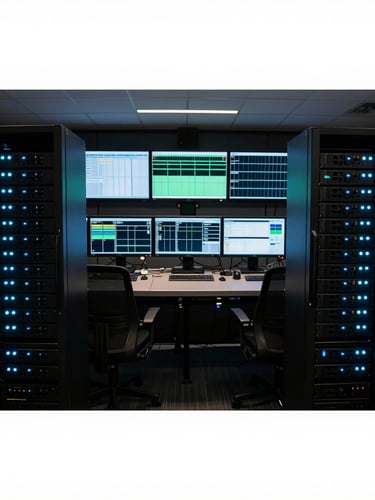 Symmetrical wide-angle shot of a dark broadcast master control room, glowing rack-mounted servers with cyan status LEDs, multi-screen waveform monitors, cool-toned rim lighting.