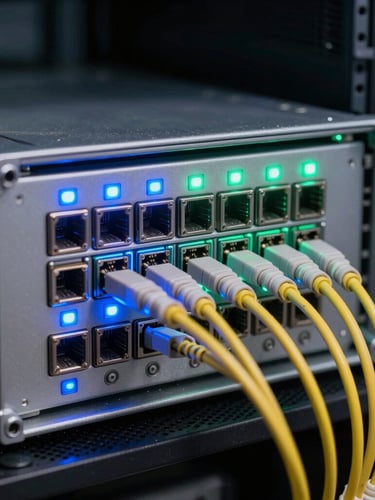 Tight macro shot of rack-mounted server chassis, glowing blue and green status LEDs, fiber optic cables plugged into high-density switches, dark server room environment, sharp rim lighting.