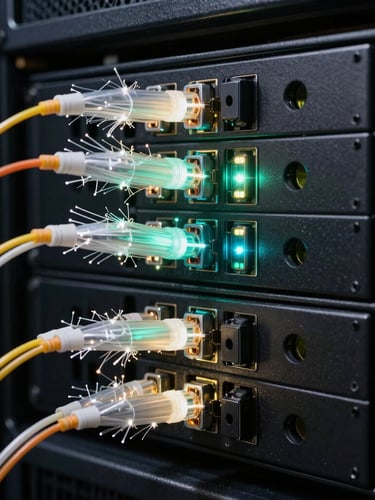 Close-up of high-density fiber optic terminations glowing with active laser signals in a server rack, obsidian metal finish.