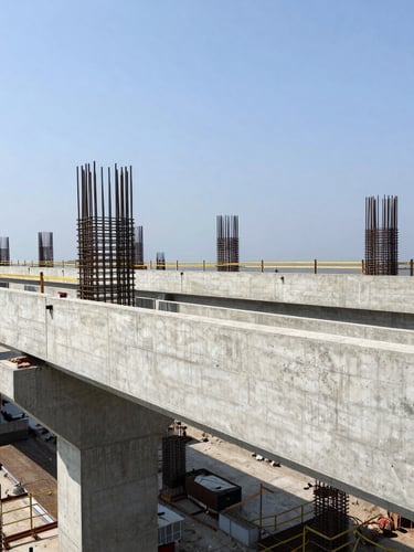 Wide-angle crisp daylight shot of a major Indian coastal bridge construction site, showing clean concrete formwork and reinforcement structures, high-contrast structural textures