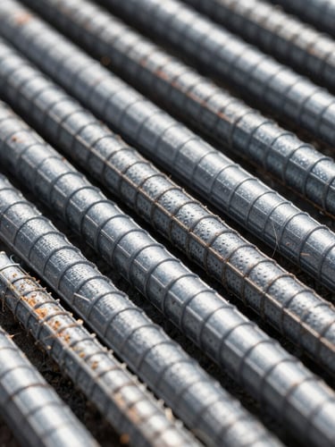 Macro close-up of high-contrast GFRP rebar rib profiles, showing the precise helical wrapping and textured fiber composite surface under bright laboratory spotlight.