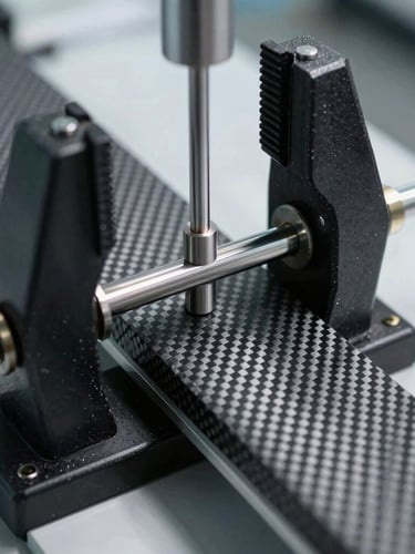Crisp industrial close-up of a carbon fiber laminate strip being tensile tested in a laboratory, hydraulic grips visible, high-contrast structural textures.