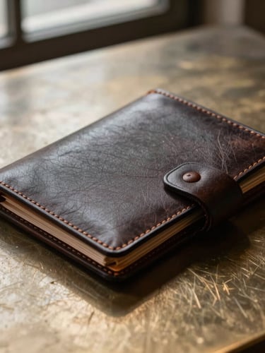 A macro close-up of a hand-bound leather portfolio resting on a heavy brushed bronze table, indirect natural light from a high window casting deep shadows.
