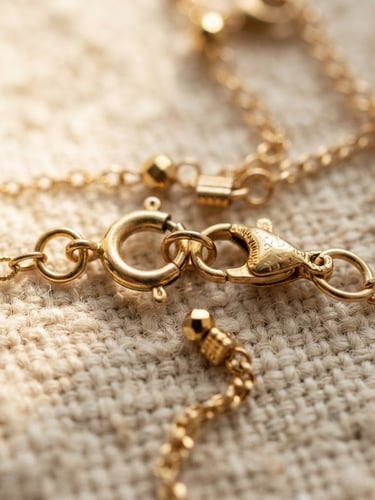 Macro detail shot of gold-plated necklace clasps and fine metal finishes resting on textured sand linen, soft warm side-lit window sun, 35mm lens