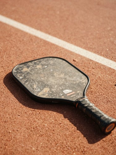 Candid documentary-style close-up of a worn pickleball paddle resting on a sun-baked clay court, warm golden-hour sunlight casting long shadows, 35mm film grain