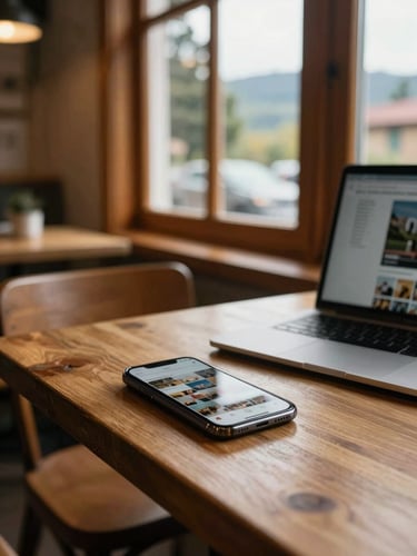 Cozy wooden cafe interior in Pucón, soft southern Chile daylight filtering through a window, a smartphone on a clean wooden table showing a curated Instagram feed, laptop nearby, warm and authentic atmosphere.