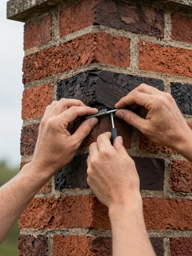 Close-up of an AshLine technician's hands carefully repointing historic brick masonry on a chimney, focused, natural light, 35mm.