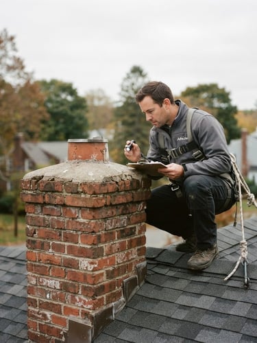 AshLine technician safely on a roof, inspecting a brick chimney against a clear New England sky, natural overcast daylight, 35mm.