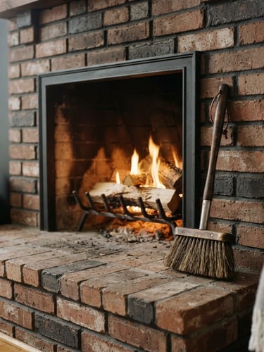 A clean brick hearth with a warm golden interior light, a professional sweeping brush resting beside the fireplace, sharp focus, 35mm editorial photography