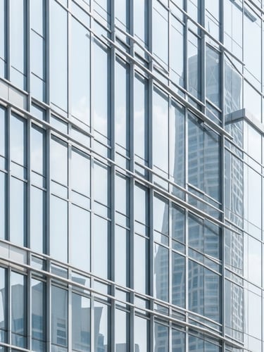 Minimalist abstract Dubai architectural lines, clean steel and glass facade reflecting bright morning sky, high-key daylight, architectural photography.