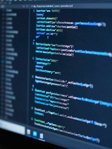 Macro shot of a dark development environment, glowing cool blue lines of Apex code on a high-end monitor, shallow depth of field, sharp focus, clean technical aesthetic