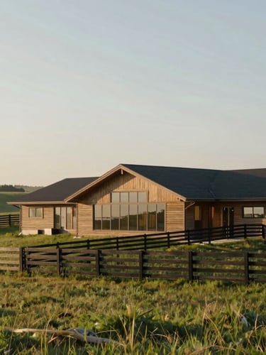 Wide environmental landscape of a modern ranch in the early morning, rolling pastures meeting structured timber fencing under soft light