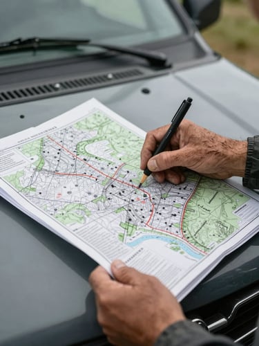 Close-up of weathered hands reviewing a detailed soil map and land registry document on a truck hood, natural overcast daylight