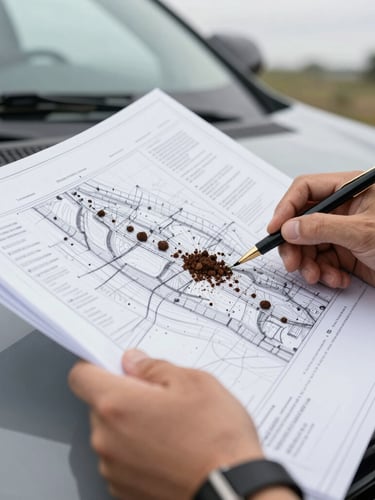 Close-up of hands reviewing a detailed soil report and architectural land blueprint on a truck hood, natural overcast daylight