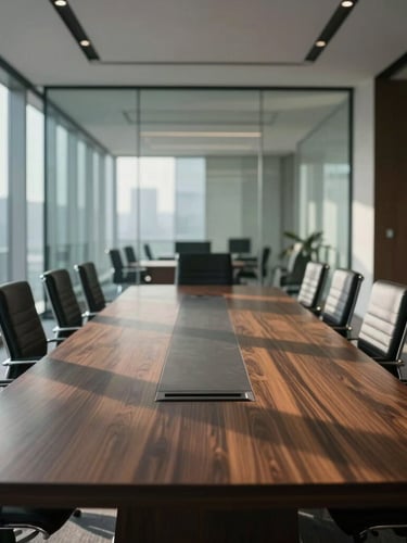 Wide environmental shot of a quiet, high-end corporate boardroom with architectural glass, soft diffused daylight casting long shadows on a dark oak table, unposed.