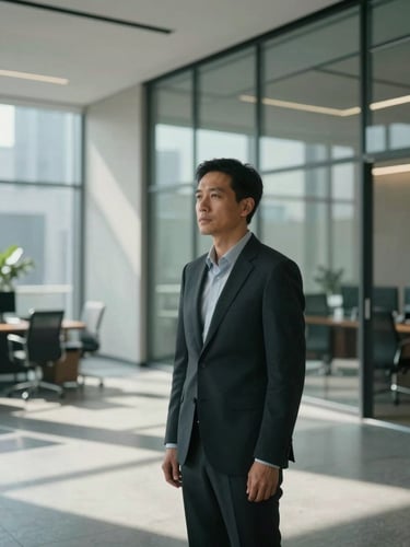 Wide environmental portrait of a focused professional in a quiet, high-end corporate office, soft diffused daylight casting moody shadows, clean architectural glass in the background.