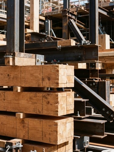 Close-up architectural shot of stacked timber and steel beams on a bright daylight construction site, crisp shadows, 35mm