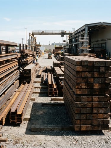 Industrial yard with stacked heavy timber and steel beams under sharp daylight, clean structural lines, architectural photography style