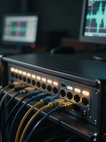 A close-up of a professional live streaming rack with glowing LED indicators, network switch patch cables, and a small monitor showing video waveforms in a dark control room