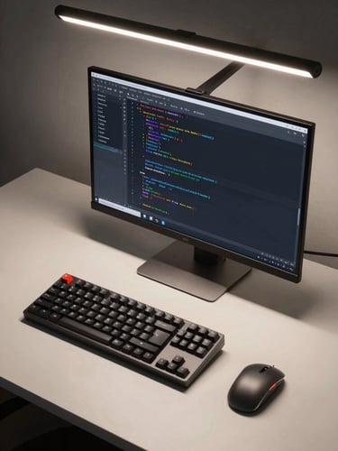 Wide overhead shot of a clean developer desk — mechanical keyboard and monitor showing a dark IDE with structured Kotlin code, studio flash lighting from above, no clutter, sharp focus on the screen content, muted surface tones
