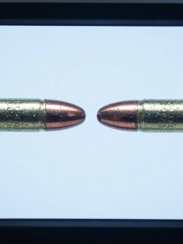 Macro close-up of a ballistic comparison microscope screen, showing side-by-side bullet striations under cold blue laboratory lighting, high-contrast clinical style