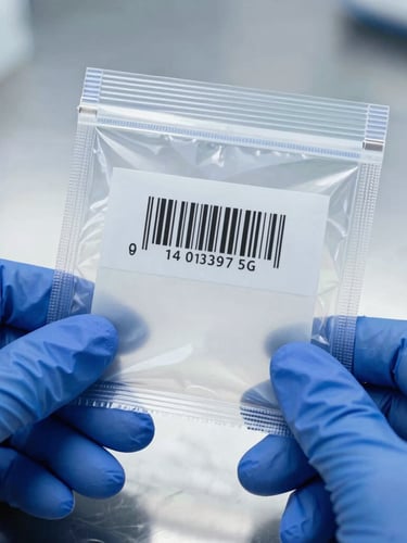 Macro photography of a sealed evidence bag with a technical barcode, handled by hands in blue nitrile gloves, clinical sterile steel background, cool high-contrast lighting