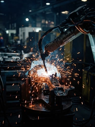 Dramatic close-up of an active robotic welding cell in a Pune factory, safety orange sparks flying against deep navy shadows, crisp focus, 35mm