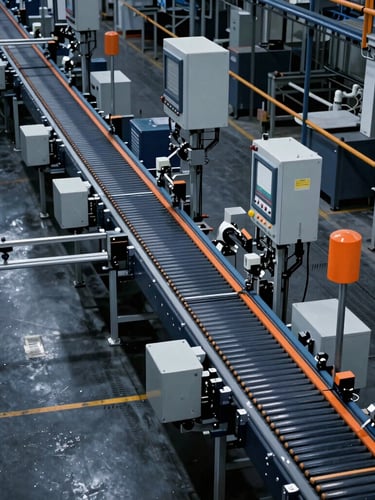 Overhead shot of a clean, automated assembly line with conveyor systems and control panels, industrial navy and safety orange accents, dramatic lighting, 35mm