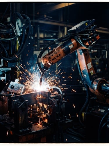 Close-up of a high-precision robotic welding cell with bright sparks, dramatic industrial lighting, deep navy shadows, safety orange highlights, 35mm photography