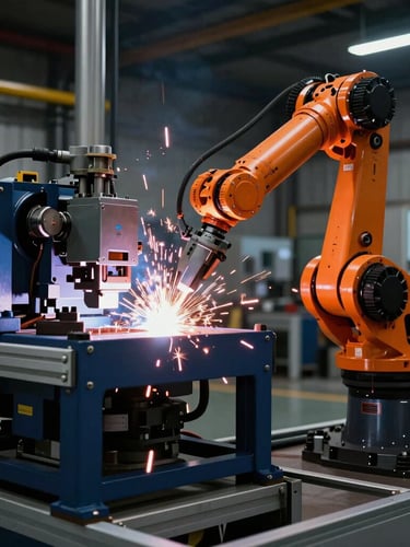 High-contrast industrial photography of a robotic welding cell with dramatic factory floor lighting, deep navy machinery and safety orange sparks, crisp focus, 35mm