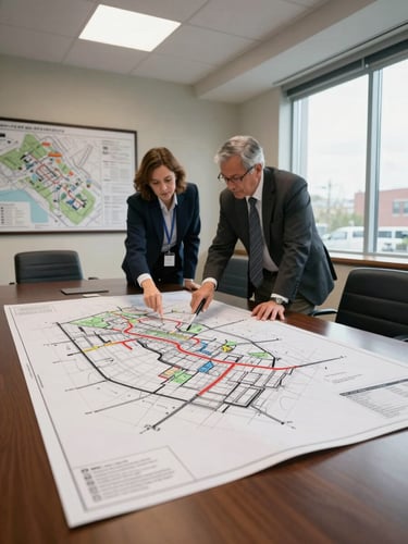 Wide overcast-daylight interior of a Michigan municipal planning office, a large site plan document spread across a conference table, two figures in business attire reviewing the document in medium shot, planning maps visible on wall behind, no faces in closeup, clean professional lighting