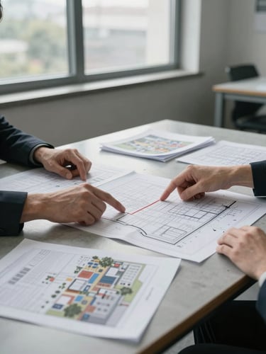 Medium shot of a municipal planning table, overcast daylight through office windows, site plan documents and architectural renderings spread across the surface, two sets of hands pointing at a parcel map, no faces visible, concrete-gray tones, clean and documentary