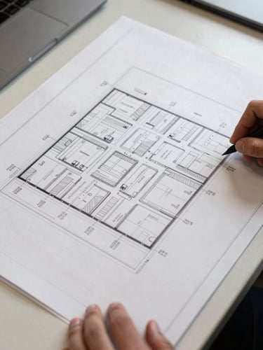 Overhead close-up shot of a site plan document spread on a planning table under diffuse office light, land parcel boundaries drawn in ink, density annotations visible, a hand resting at the edge of the document, no faces, documentary framing