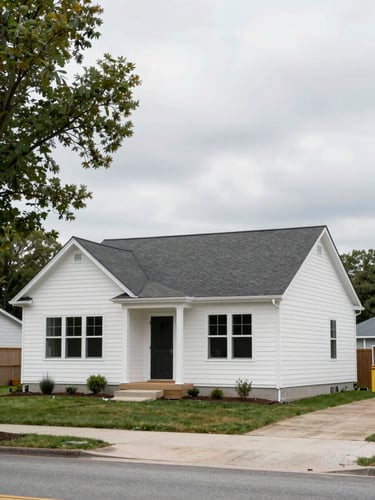 Medium wide shot of a newly completed factory-built home exterior on a residential lot in Michigan, overcast daylight, clean siding and pitched roof visible, mature tree at left edge, no people, documentary framing from street level