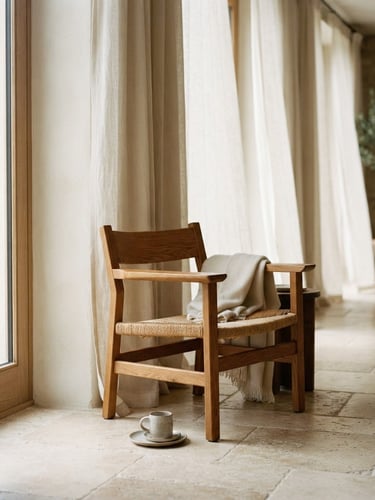 A quiet, sunlit architectural interior with soft linen curtains, natural stone floor, and a warm oak chair, diffused morning window light, muted teal and cream tones, shallow depth of field