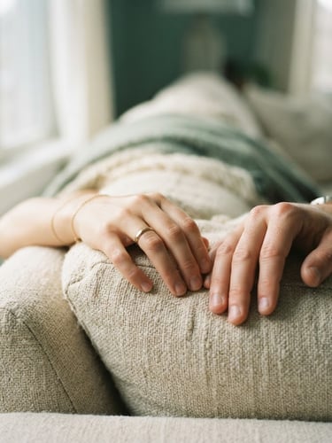 Close-up of two hands resting near each other on a textured linen sofa, soft morning window light, warm cream and sage green tones, shallow depth of field
