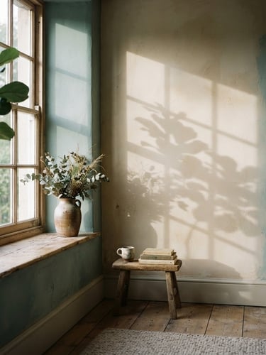 A quiet architectural interior with soft north-facing window light casting delicate leaf shadows on a warm plaster wall, 35mm, muted teal and cream tones.