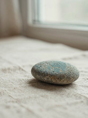 Close-up of natural textures, a smooth river stone resting on raw linen under soft, diffused morning window light, shallow depth of field, muted teal and warm cream tones.