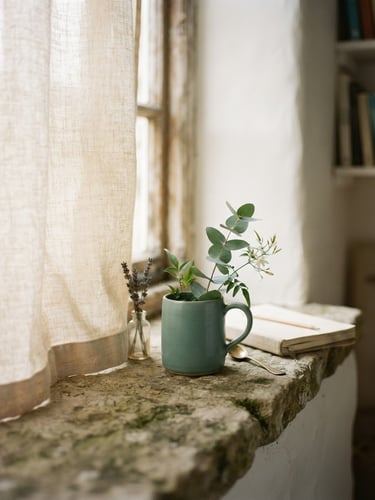 Soft diffused window light filtering through linen curtains onto a stone ledge, warm cream tones, shallow depth of field, 35mm
