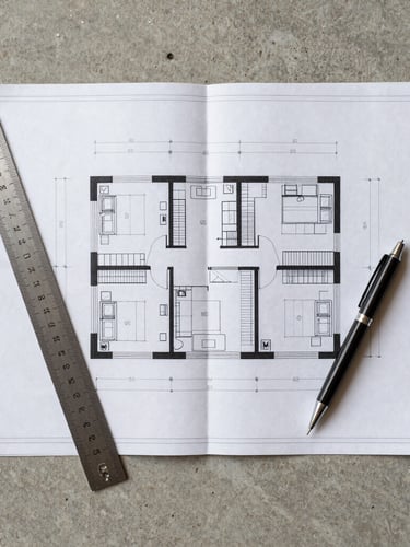 Top-down view of architectural blueprints on a concrete surface, with a technical ruler and a pen, natural daylight, structured composition