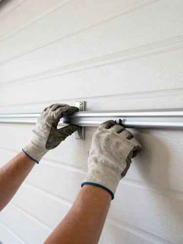 Close-up of a technician's hands adjusting a garage door track, focused on the track alignment, wearing work gloves, bright garage interior lighting, high-contrast industrial tones, sharp focus, 35mm lens