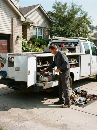 A Radford Garage Door's Repairs Team service truck parked in a residential driveway, technician preparing tools, bright natural daylight, high-contrast industrial tones, sharp focus, 35mm lens