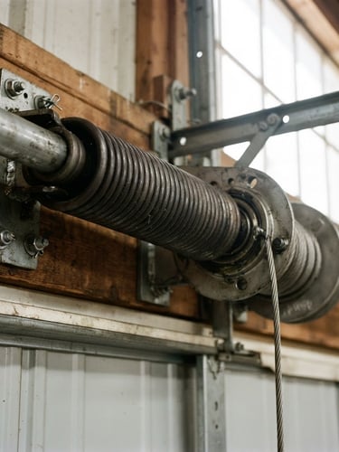Close-up of a heavy-duty garage door torsion spring mechanism, well-lit, industrial, sharp focus, 35mm lens, bright natural daylight