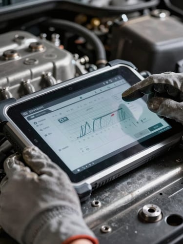 Tight macro shot of a rugged diagnostic tablet resting on a metallic engine bay, cool workshop daylight, high-contrast metallic tones, hands in work gloves operating the touchscreen interface, 50mm