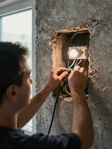 Over-the-shoulder view of a technician routing low-voltage cable through a wall cavity, work light illuminating conduit and junction box, natural daylight from a nearby window, concrete wall texture visible
